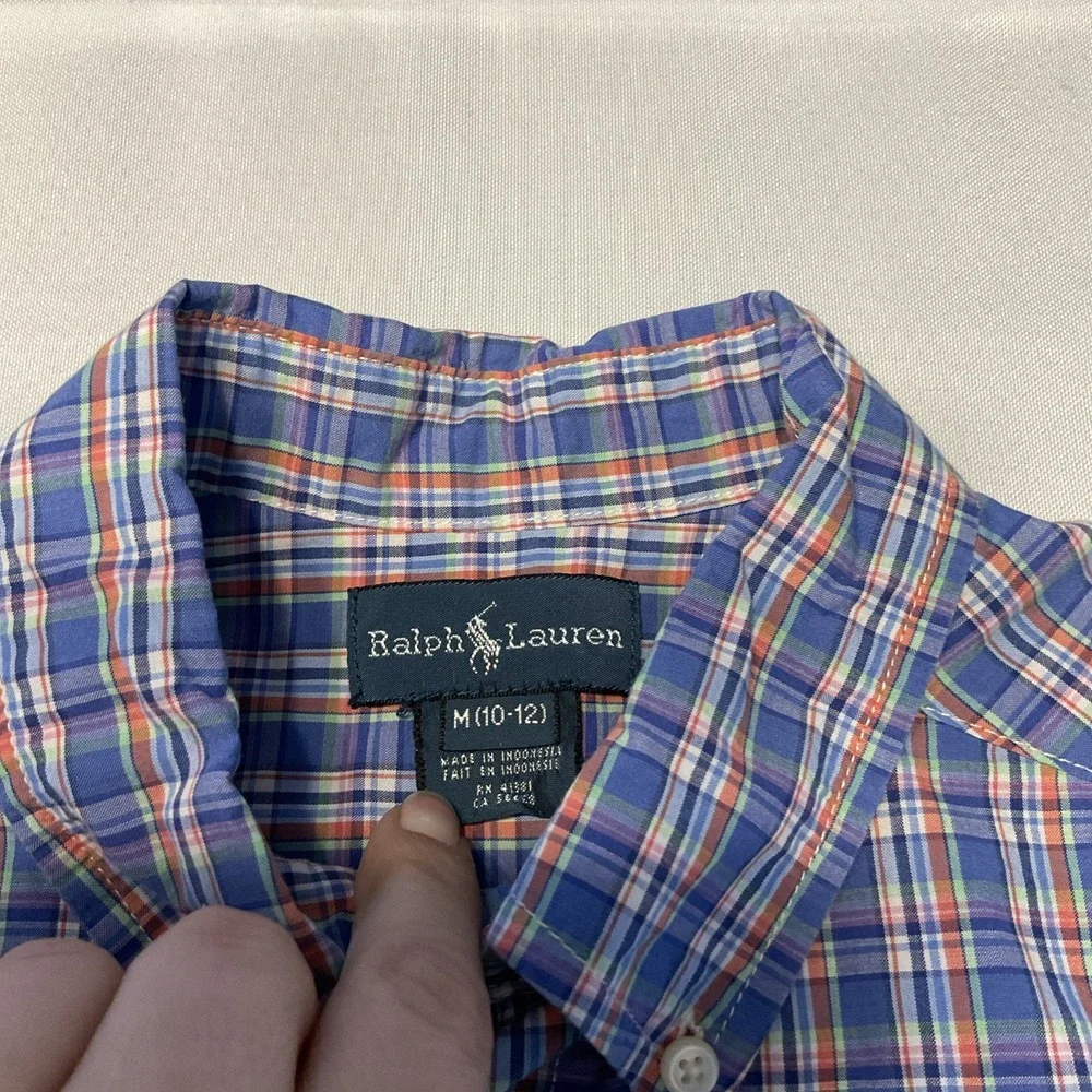 Ralph Lauren‎ Button Down Shirt Boys Medium 10-12 Blue Plaid Pony Short Sleeve